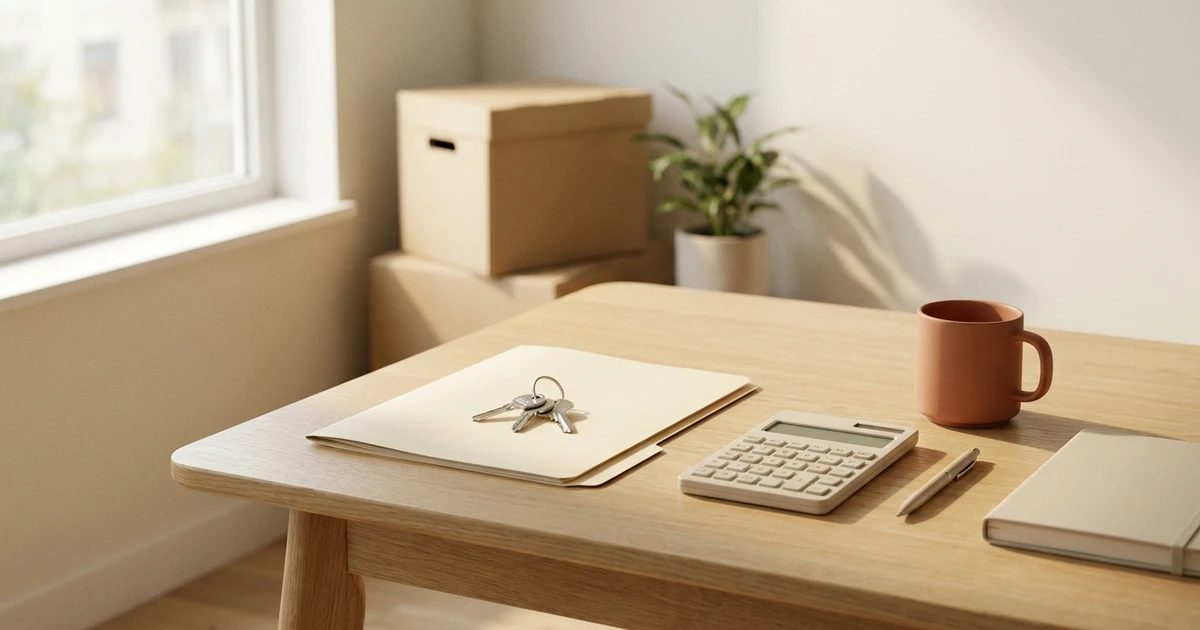 Clés, dossier et calculatrice sur une table, dans un logement en cours d’emménagement