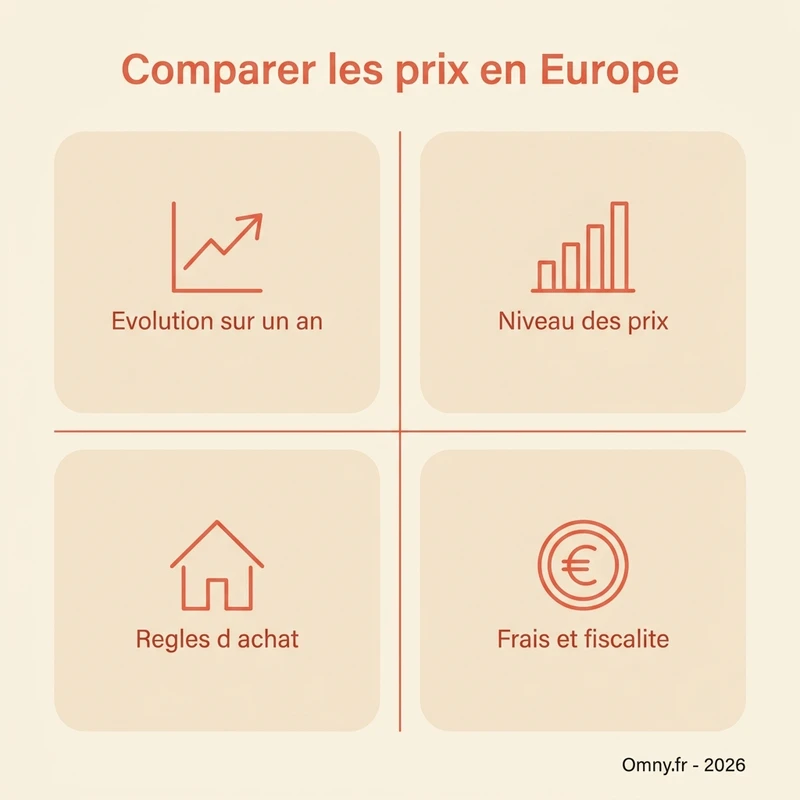 Les quatre critères à comparer pour lire les prix de l'immobilier en Europe : évolution sur un an, niveau des prix, règles d'achat locales, frais et fiscalité