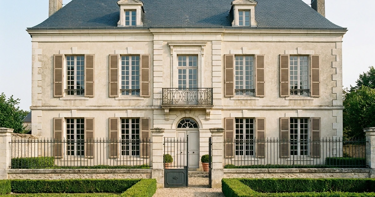 Façade symétrique d'une maison bourgeoise française du XIXe siècle : cinq travées, porte centrale à imposte en demi-lune, balcon en ferronnerie au premier étage, chaînages d'angle en pierre de taille et grille en fer forgé sur rue