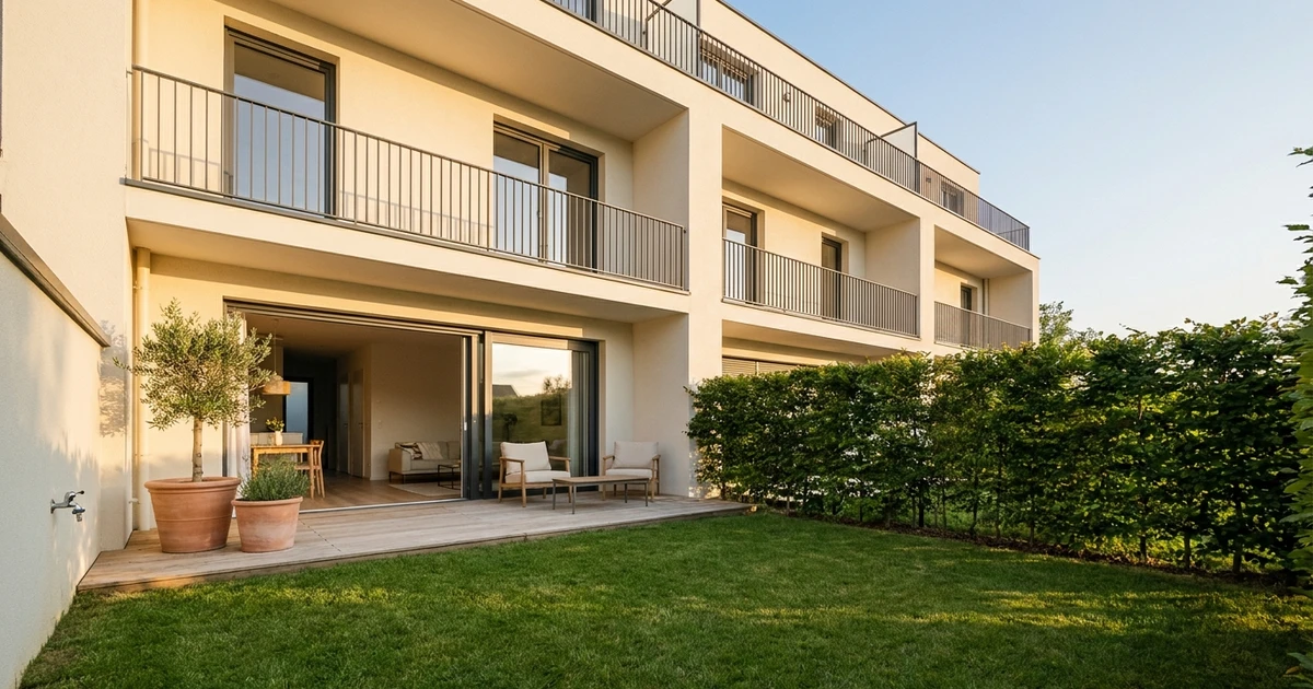 Jardin privatif d'un appartement en rez-de-chaussée : pelouse close par une haie de charmille taillée, terrasse en lames de bois de plain-pied avec le séjour et grande baie vitrée coulissante ouverte sur la pièce de vie