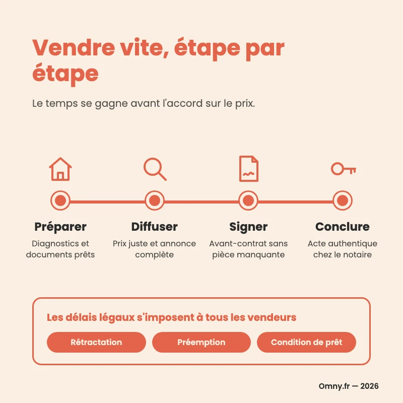Infographie Omny : vendre vite, étape par étape — préparer, diffuser, signer, conclure, et les délais légaux de rétractation, de préemption et de condition de prêt