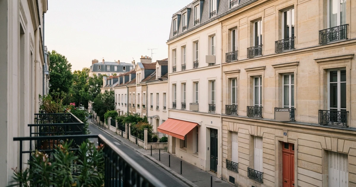 Rue résidentielle française vue depuis un balcon, immeubles en pierre de taille et maisons de ville, deux panneaux à vendre