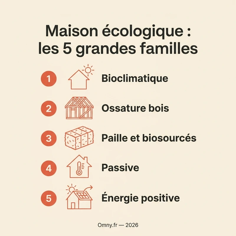 Les cinq grandes familles de maisons écologiques : bioclimatique, ossature bois, paille et biosourcés, passive, énergie positive