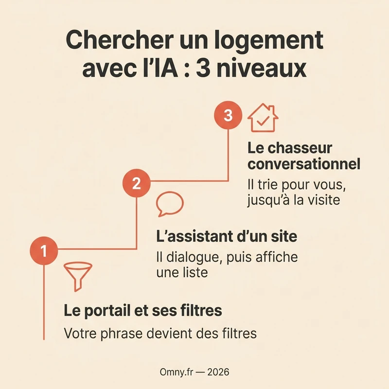 Infographie Omny : chercher un logement avec l'IA, trois niveaux — le portail et ses filtres, l'assistant d'un site qui dialogue puis affiche une liste, le chasseur conversationnel qui trie jusqu'à la visite