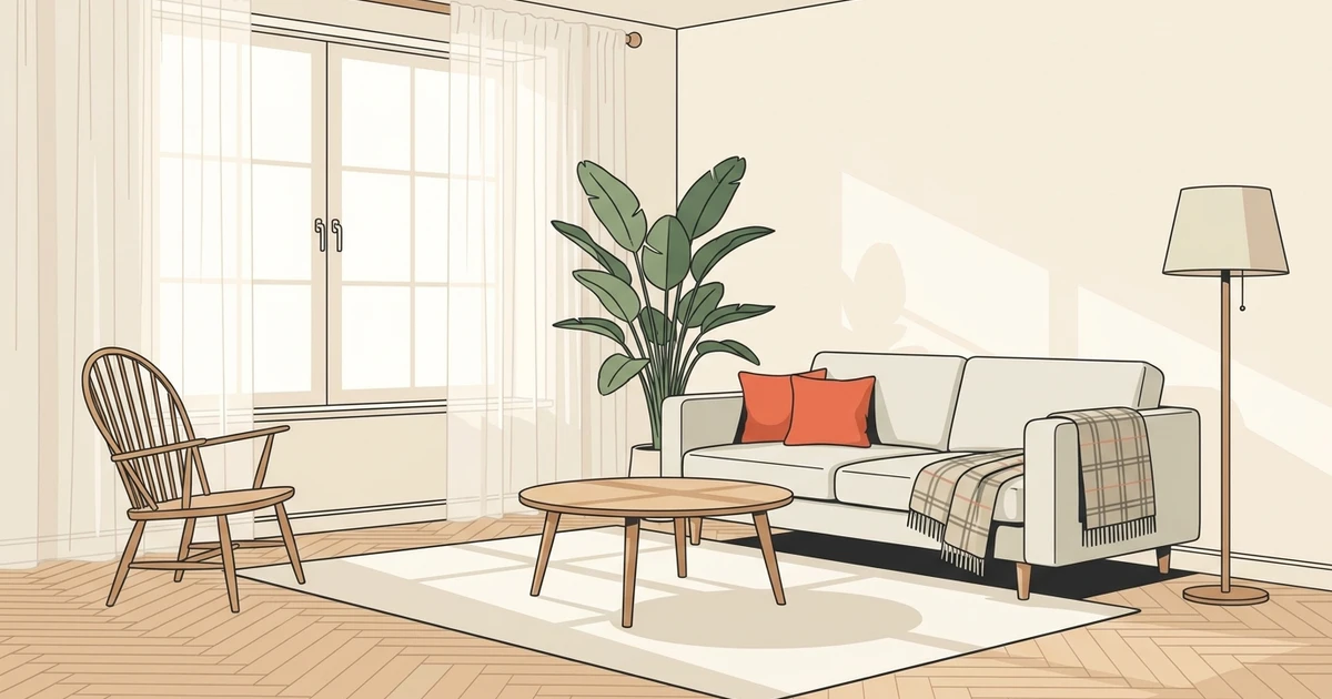 Salon de style scandinave baigné de lumière : parquet en chêne clair, canapé clair, fauteuil en bois, table basse ronde, plante verte et lampadaire