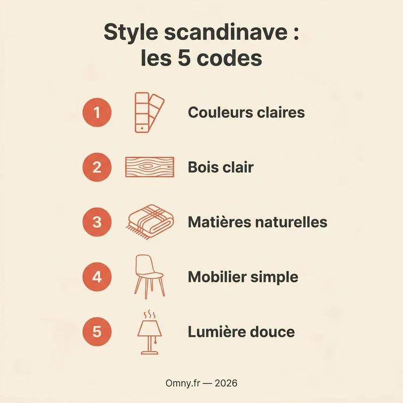 Infographie Omny : style scandinave, les 5 codes — couleurs claires, bois clair, matières naturelles, mobilier simple, lumière douce