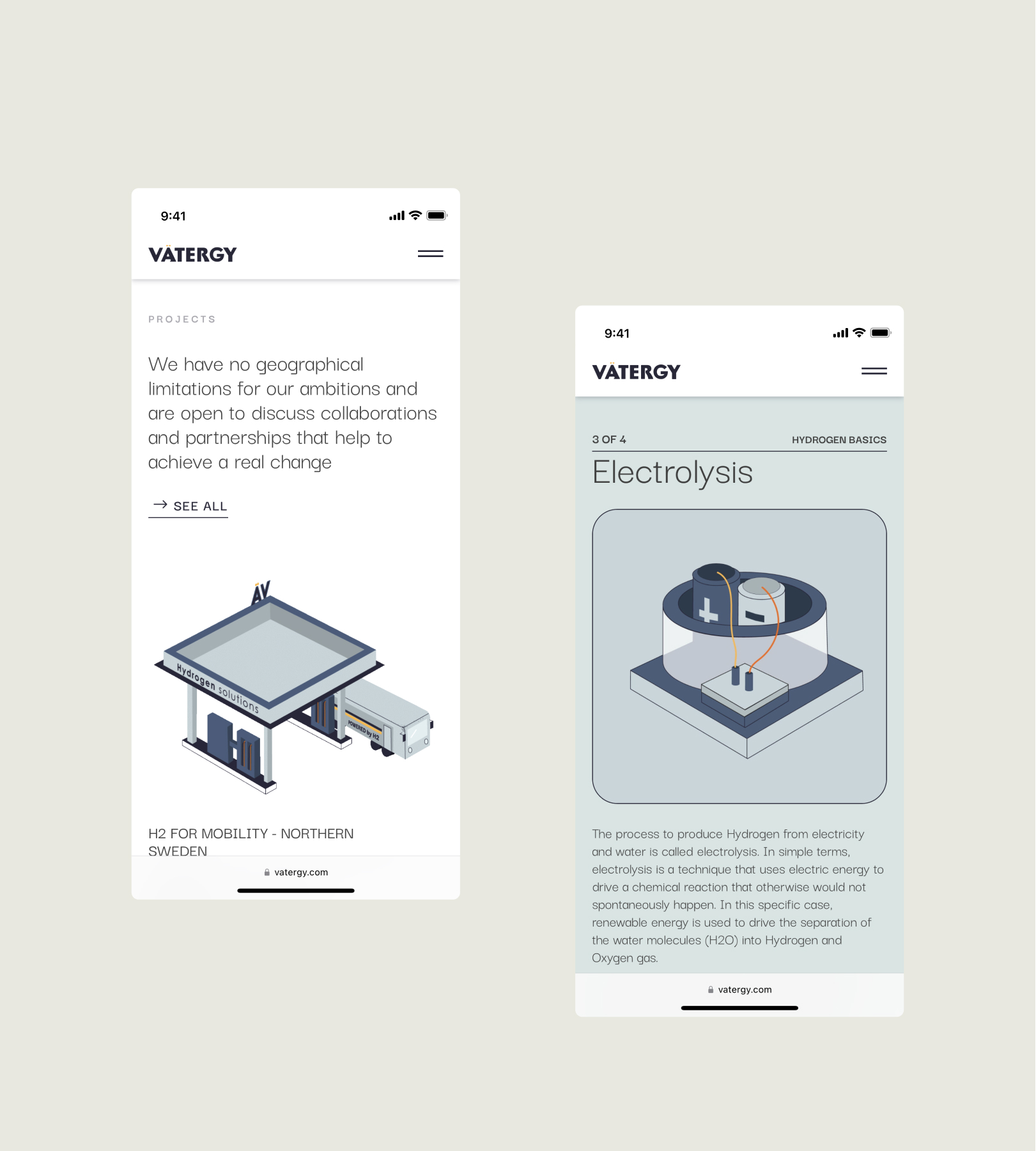Two mobile screens of the Vatergy project, ux-ui responsive design