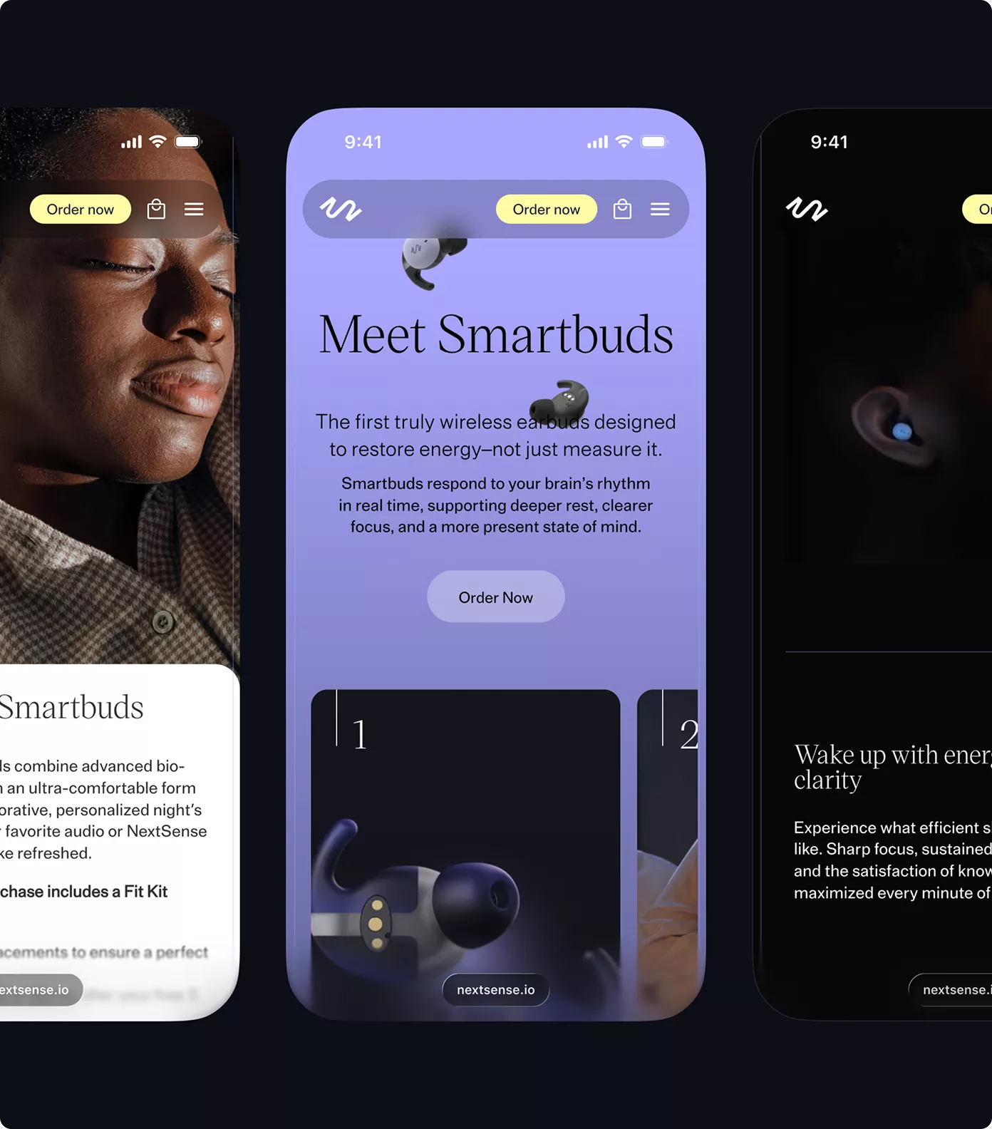 Three mobile screens of the NextSense project