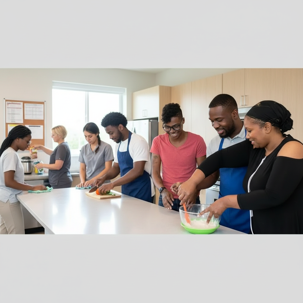 Young adults collaborating in a group home setting
