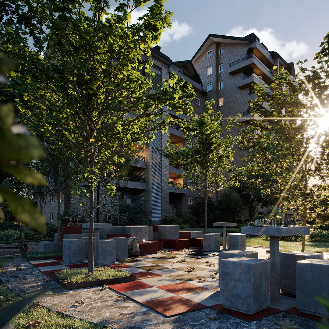 Facciata contemporanea Residenze Fellini con ampi balconi e verde