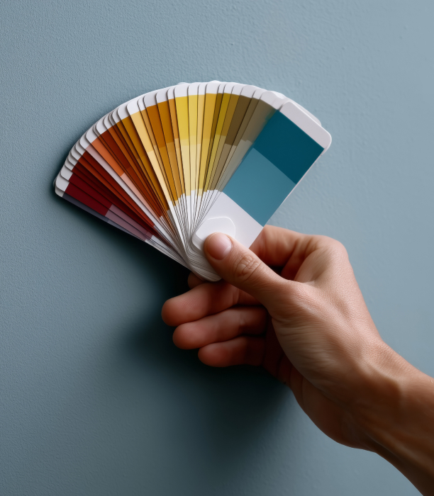 Mano che tiene una ventaglietta con campioni di colori su parete grigia.