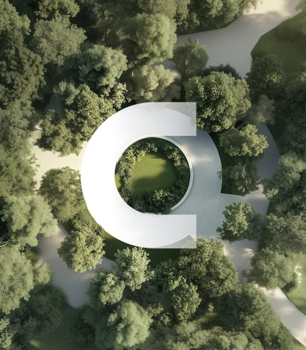 Vista aerea di un parco con un sentiero circolare intorno a un'area verde centrale, circondata da alberi folti.