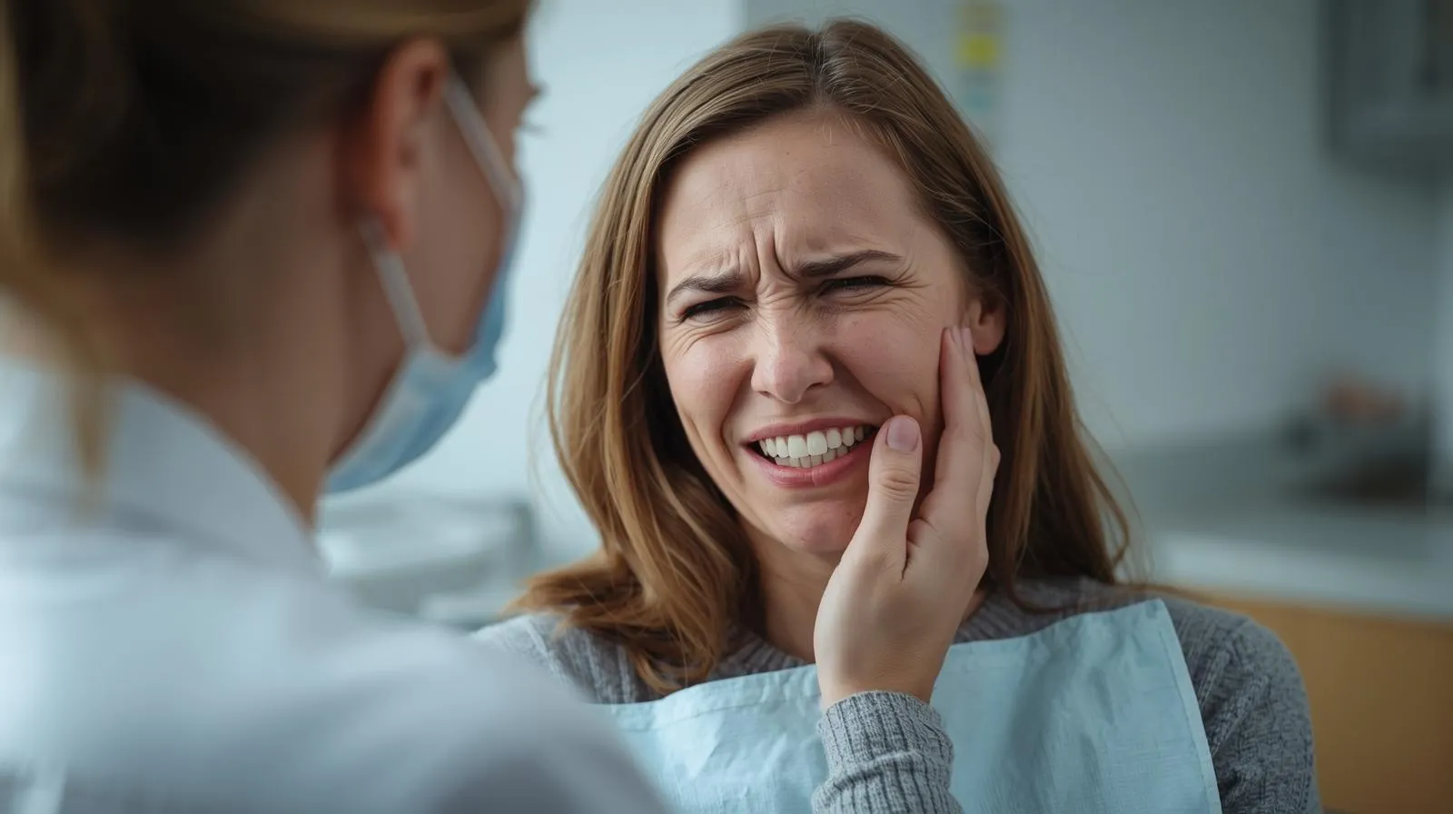 A woman wincing and touching her cheek as a dentist examines her mouth to diagnose the cause of her dental emergency and severe tooth pain.