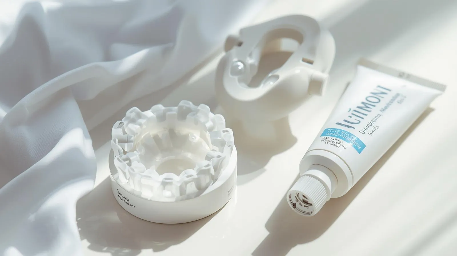 A take-home teeth whitening setup displayed on a white surface, including a custom dental whitening tray, whitening gel tube, and a molded dental model demonstrating how the gel is applied inside the tray.