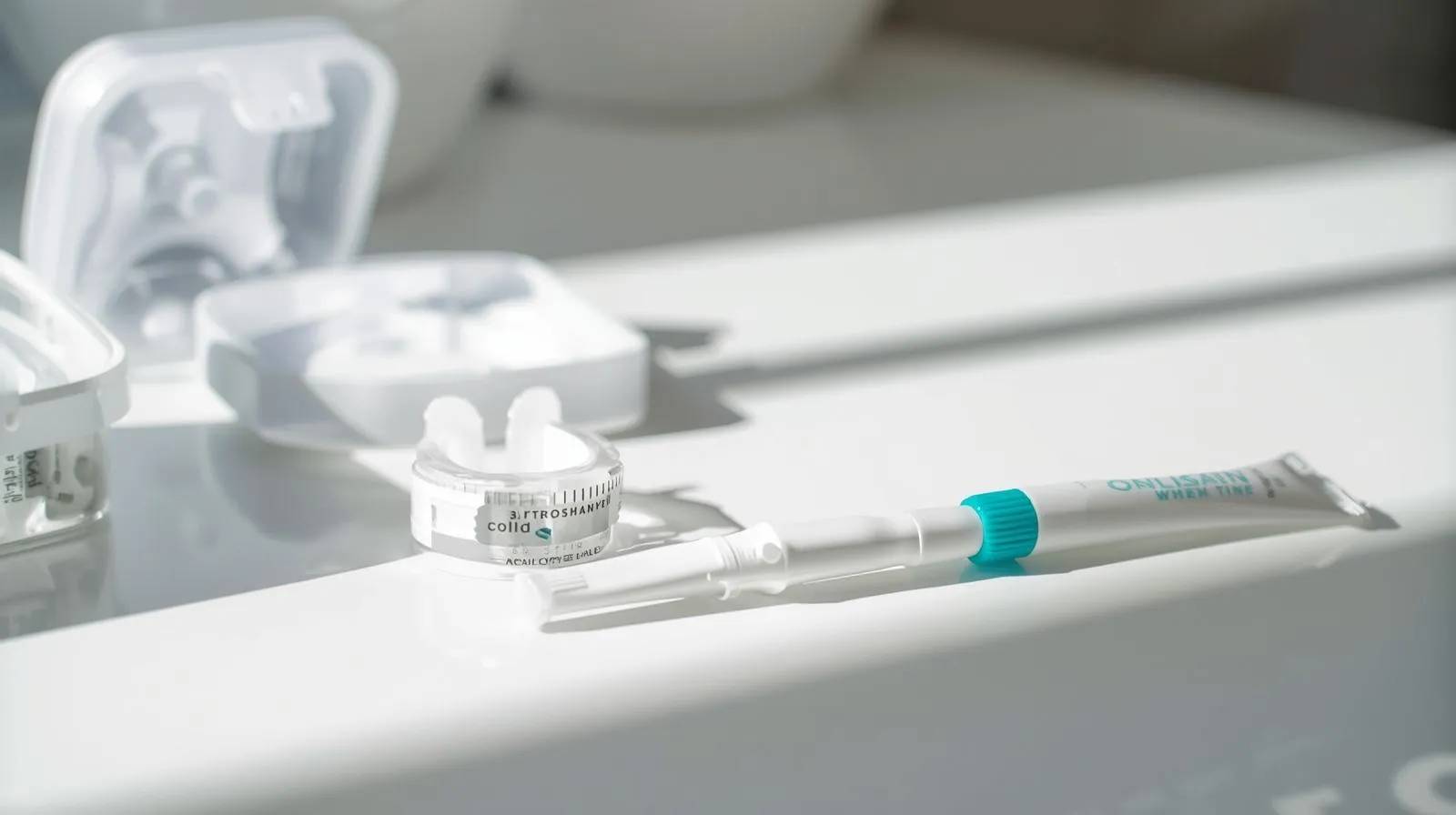 A take-home teeth whitening kit sitting on a bathroom counter, featuring a clear whitening tray next to a syringe of whitening gel used for at-home bleaching treatments.