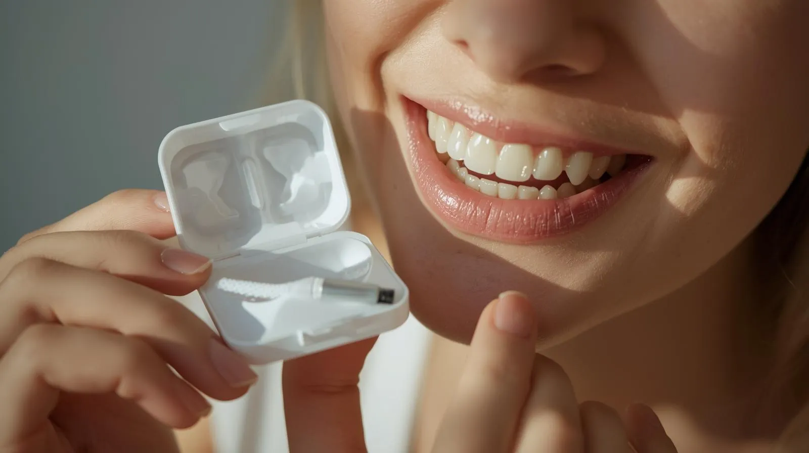 A smiling woman holding an open take-home whitening kit, showing the custom whitening trays she uses to apply professional-strength whitening gel to brighten her teeth at home.