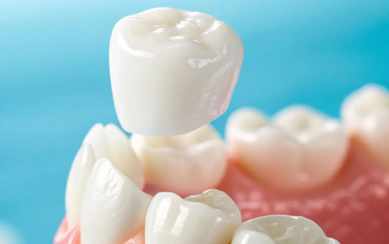 A ceramic dental crown being positioned above a prepared tooth on a pink gum model, illustrating how a same-day crown is placed immediately after being digitally designed and milled in the office.