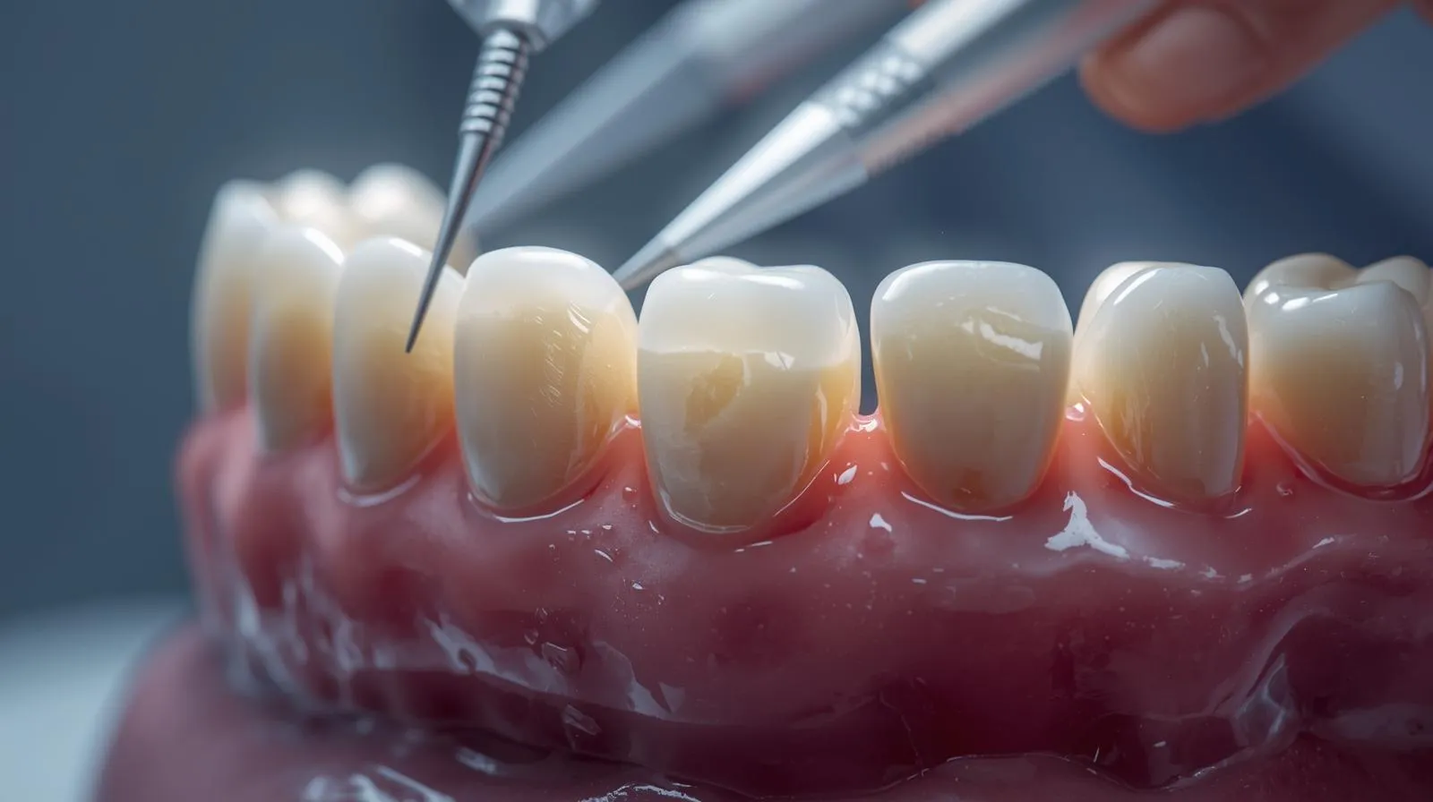 Close-up of a clinician adjusting a tooth on a dental model with metal instruments, demonstrating the contouring process required before fitting a same-day ceramic crown.
