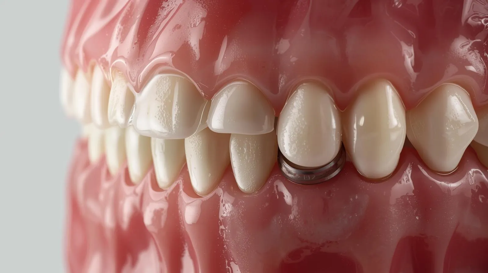 A close-up side view of a full dental arch showing a single dental implant restoration seamlessly integrated among natural teeth, with the implant crown matching the surrounding enamel in shape and color.