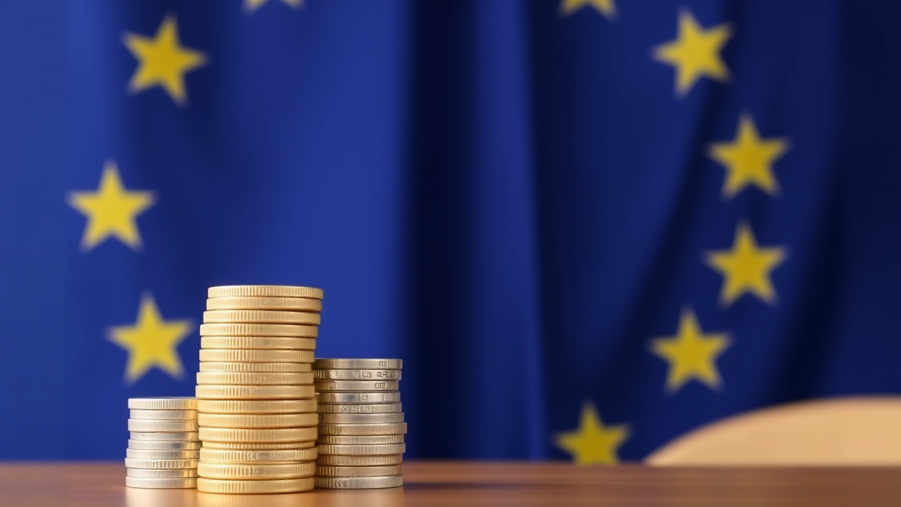 Et stort EU-flag hænger bag et bord med stablede digitale møntikoner.