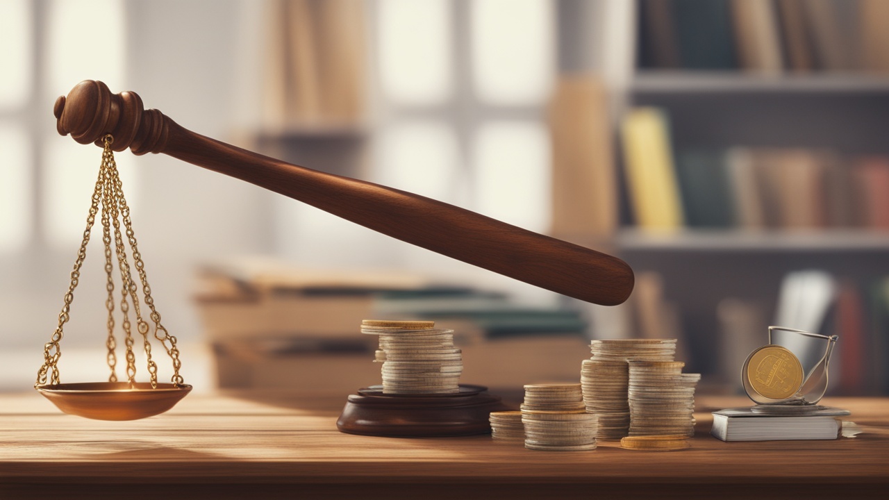 En balanceret vægt holder en lovbog på den ene side og en digital mønt på den anden på et træbord.
