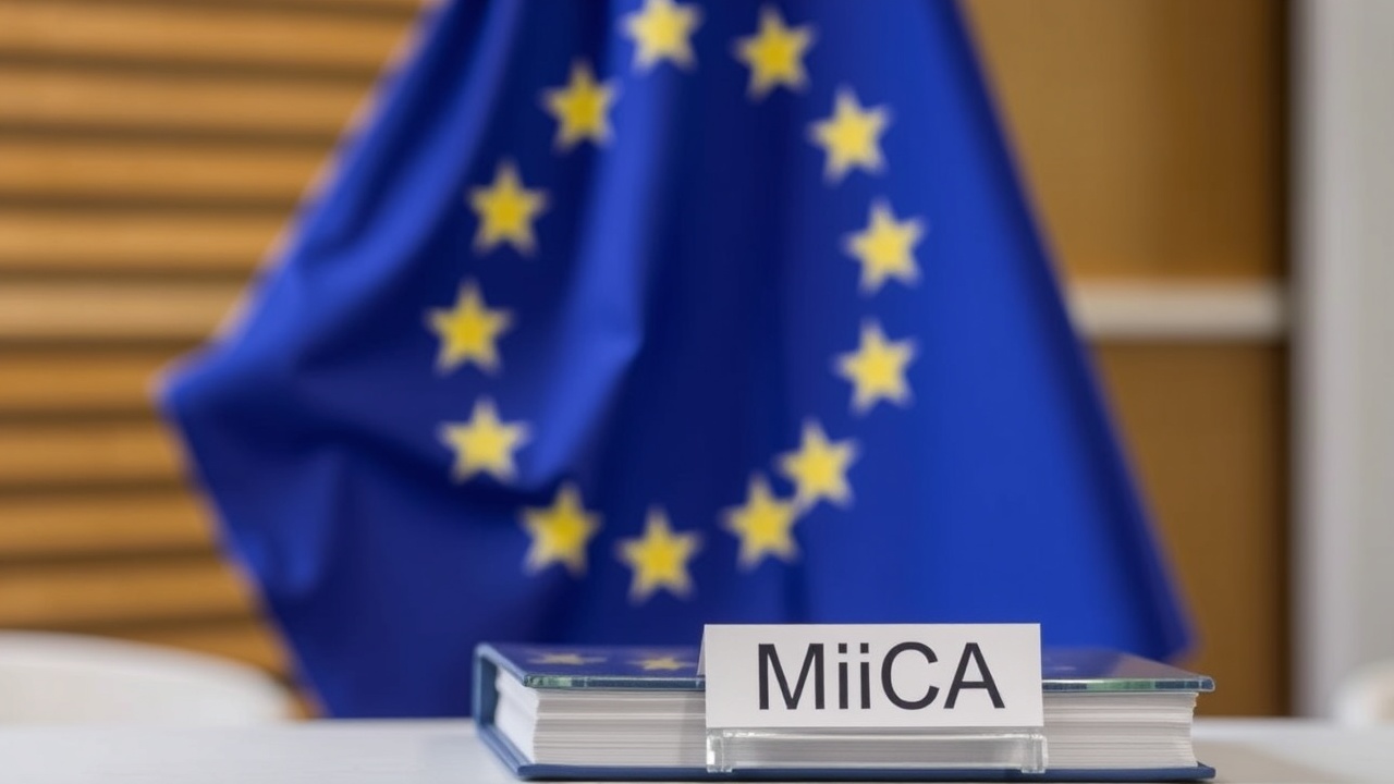 Et stort EU-flag hænger bag en tydelig bog mærket MiCA.