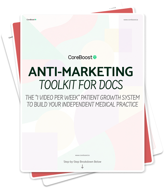 Stacked preview of the CoreBoost Anti-Marketing guide showing the title “Anti-Marketing Toolkit for Docs” on a dark background.