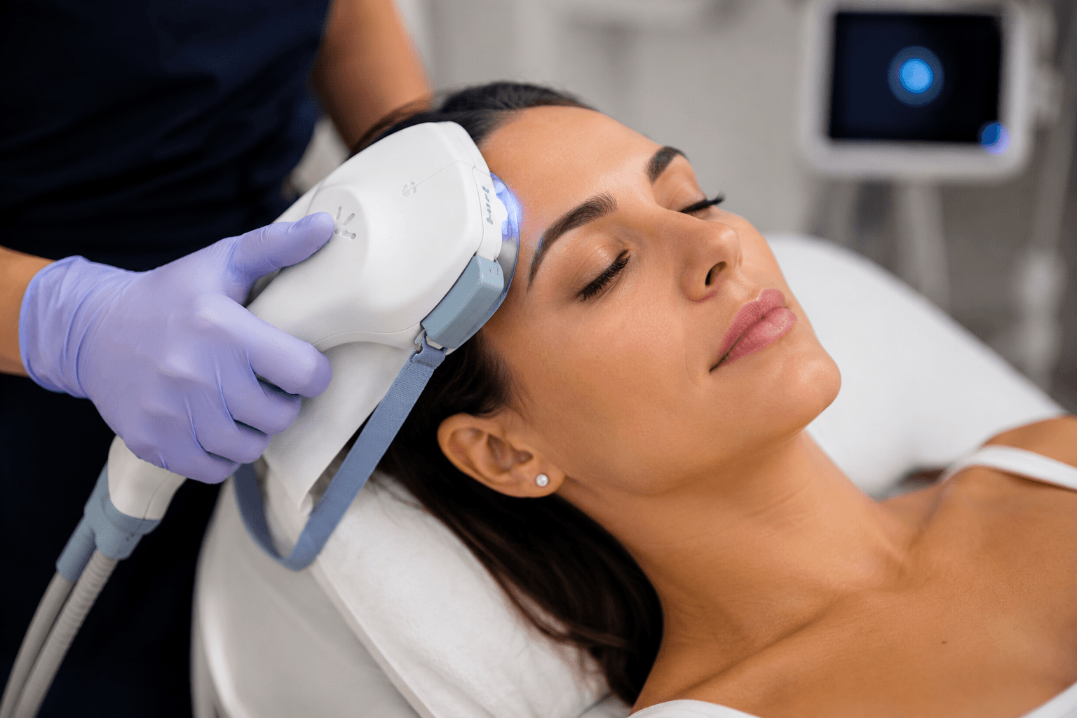 Woman receiving Emface treatment for forehead wrinkle reduction in Las Vegas Nevada
