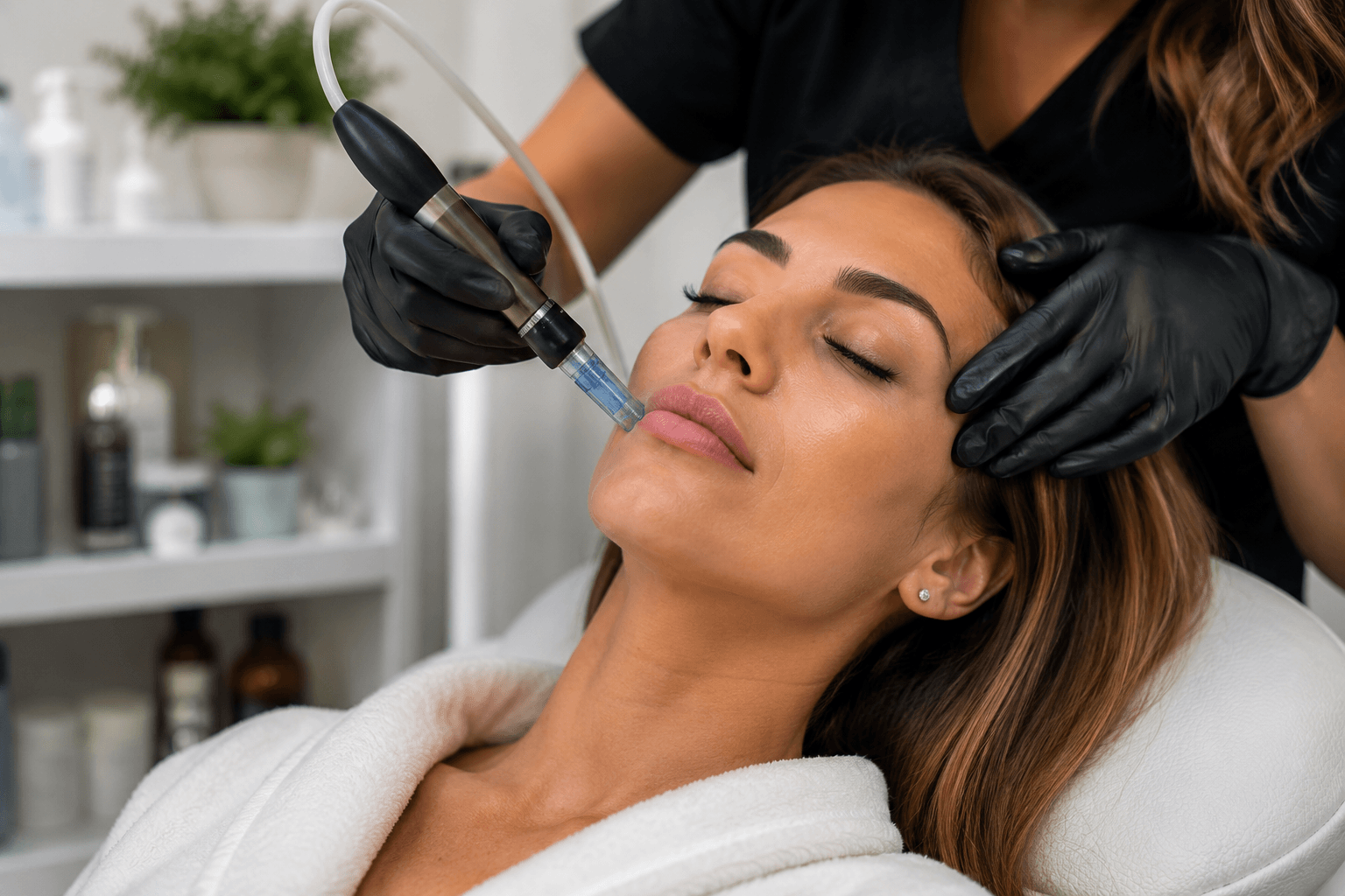 Client receiving RF microneedling skin tightening treatment on face in Las Vegas Nevada medspa