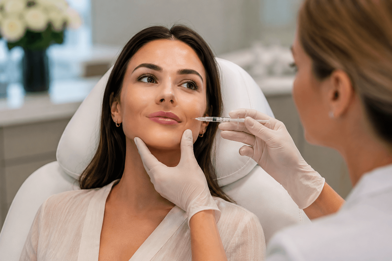 Patient receiving dermal filler treatment for cheeks and chin at a medical aesthetics clinic in Las Vegas Nevada