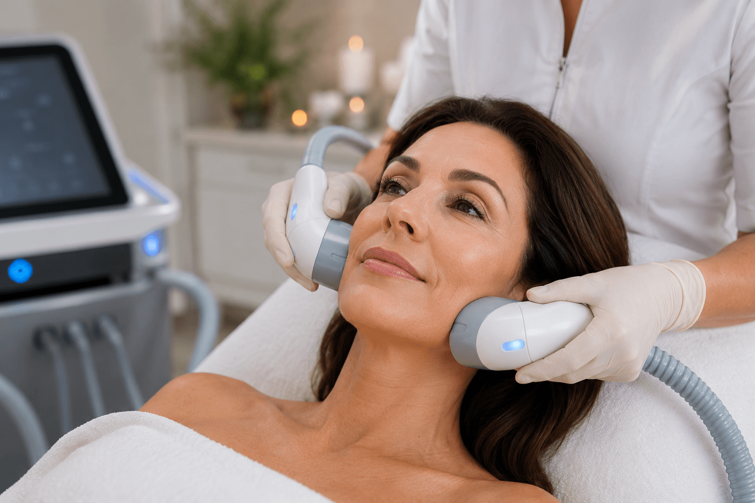 Woman receiving Emface treatment for facial lifting and skin tightening in a modern medspa setting in Las Vegas, Nevada
