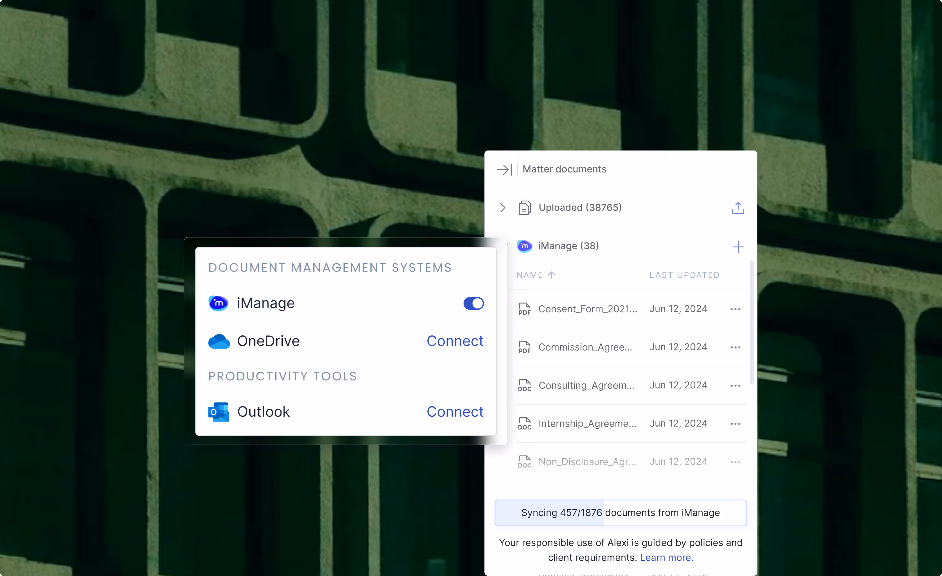 User interface showing a document management system with iManage toggled on, and options to connect OneDrive and Outlook; a file list with document names and last updated dates is visible on the right.
