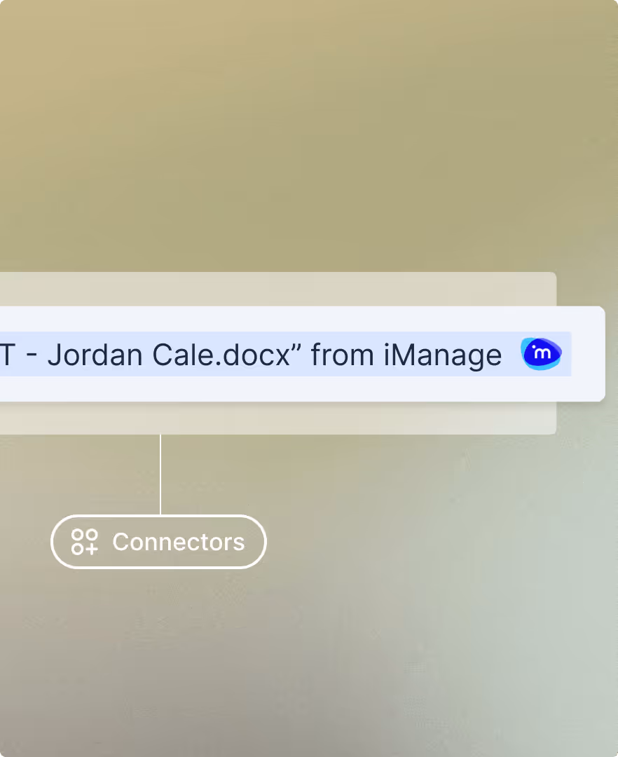 Diagram snippet showing integration labeled 'Jordan Cale.docx' from iManage with a connected 'Connectors' icon.