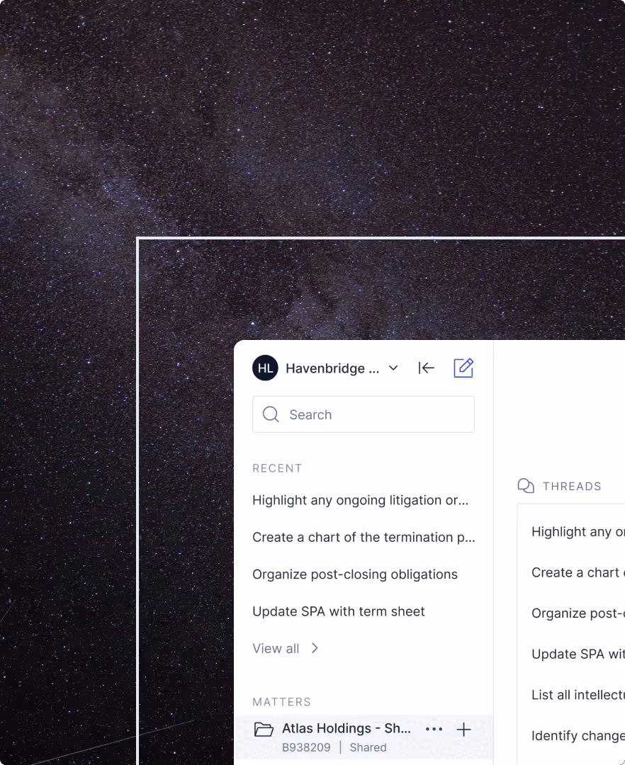 Screenshot of a digital task management interface with a search bar, recent tasks, and a list of matters under a dark starry night sky background.