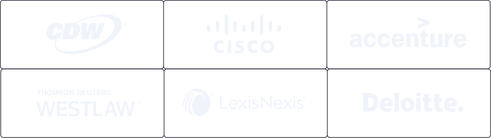 Logos of six companies: CDW, Cisco, Accenture, Thomson Reuters Westlaw, LexisNexis, and Deloitte on a black background.