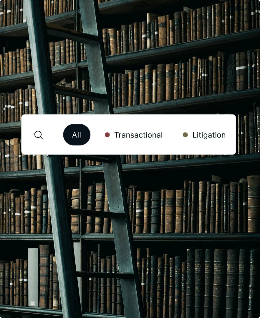 Library shelves filled with old books and a wooden ladder, with a search bar overlay featuring filters: All, Transactional, and Litigation.