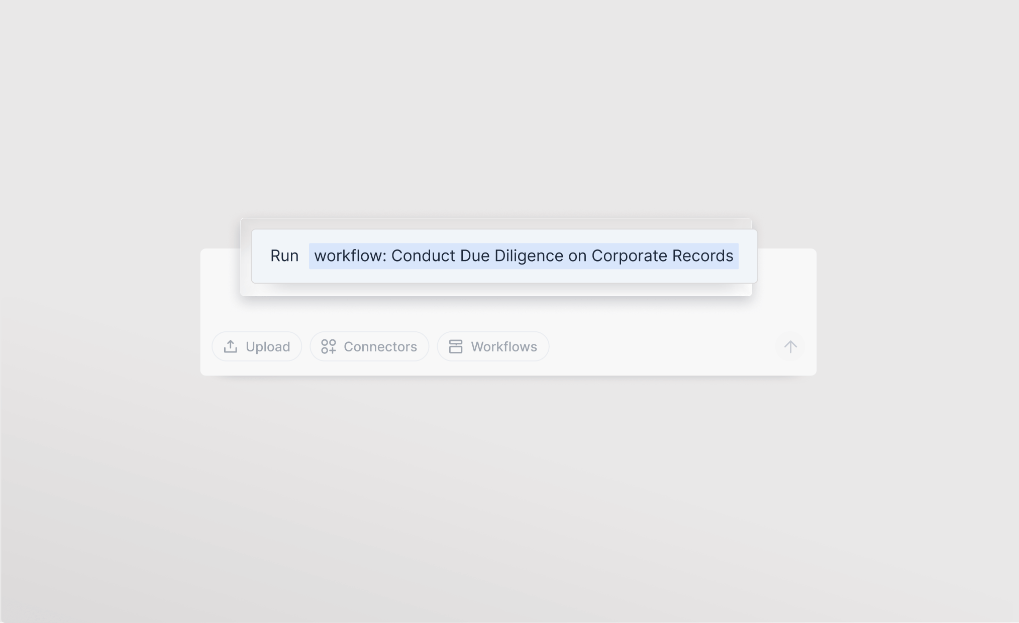 Button labeled 'Run workflow: Conduct Due Diligence on Corporate Records' above icons for Upload, Connectors, and Workflows.