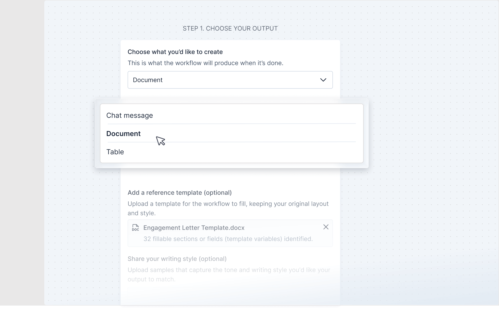 Workflow interface showing step 1 to choose output with a dropdown menu including options Chat message, Document (selected), and Table, plus an optional upload for a reference template.