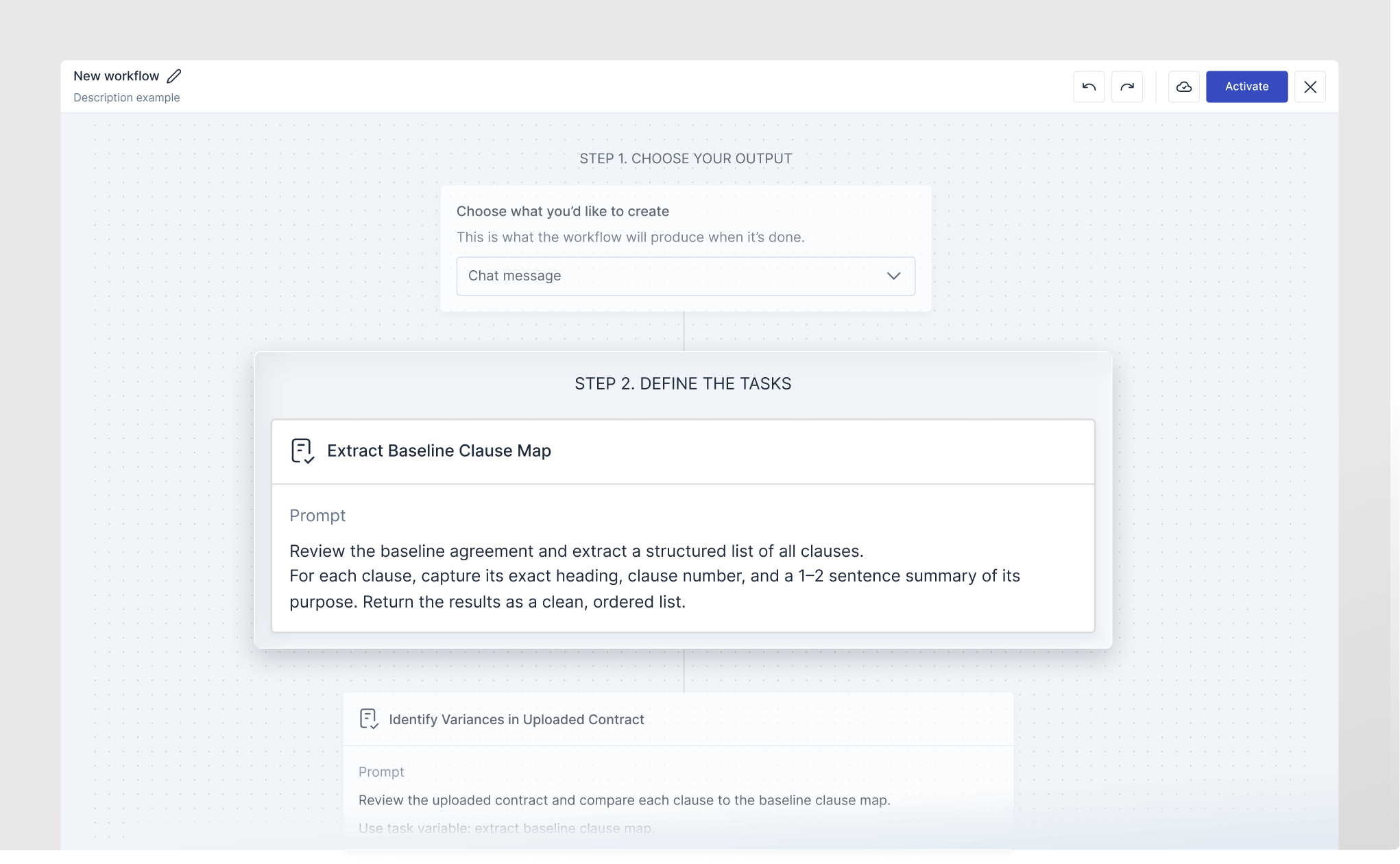 Workflow interface with steps to choose output as chat message and define tasks including extracting baseline clause map with a prompt about reviewing and summarizing clauses.