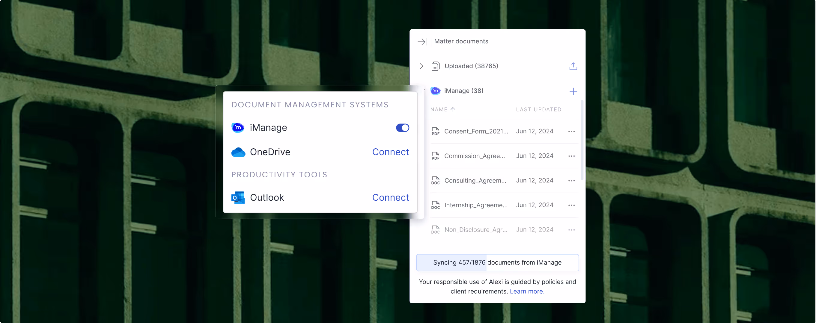 User interface showing document management systems with iManage connected, OneDrive and Outlook options available, and a document list with names and last updated dates.