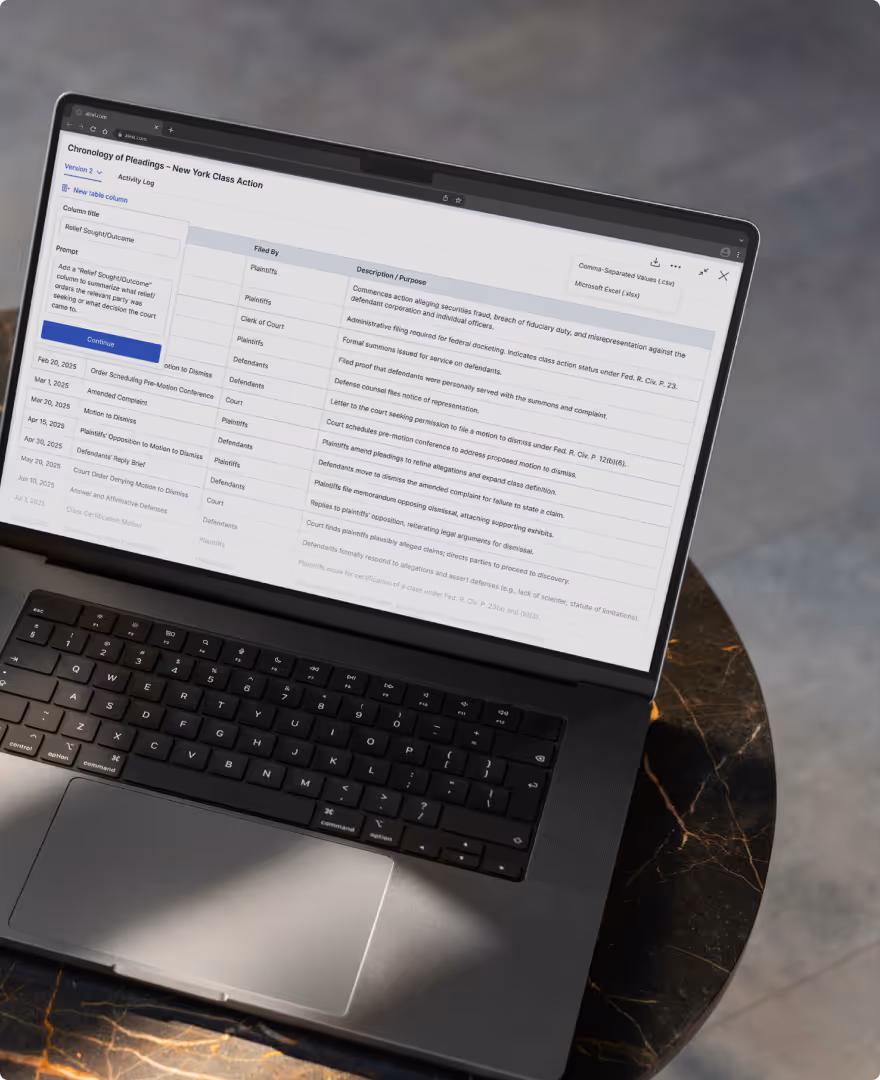 Laptop displaying a document titled 'Chronology of Pleadings – New York Class Action' with columns for relief sought, filed by, and description/purpose of legal actions.