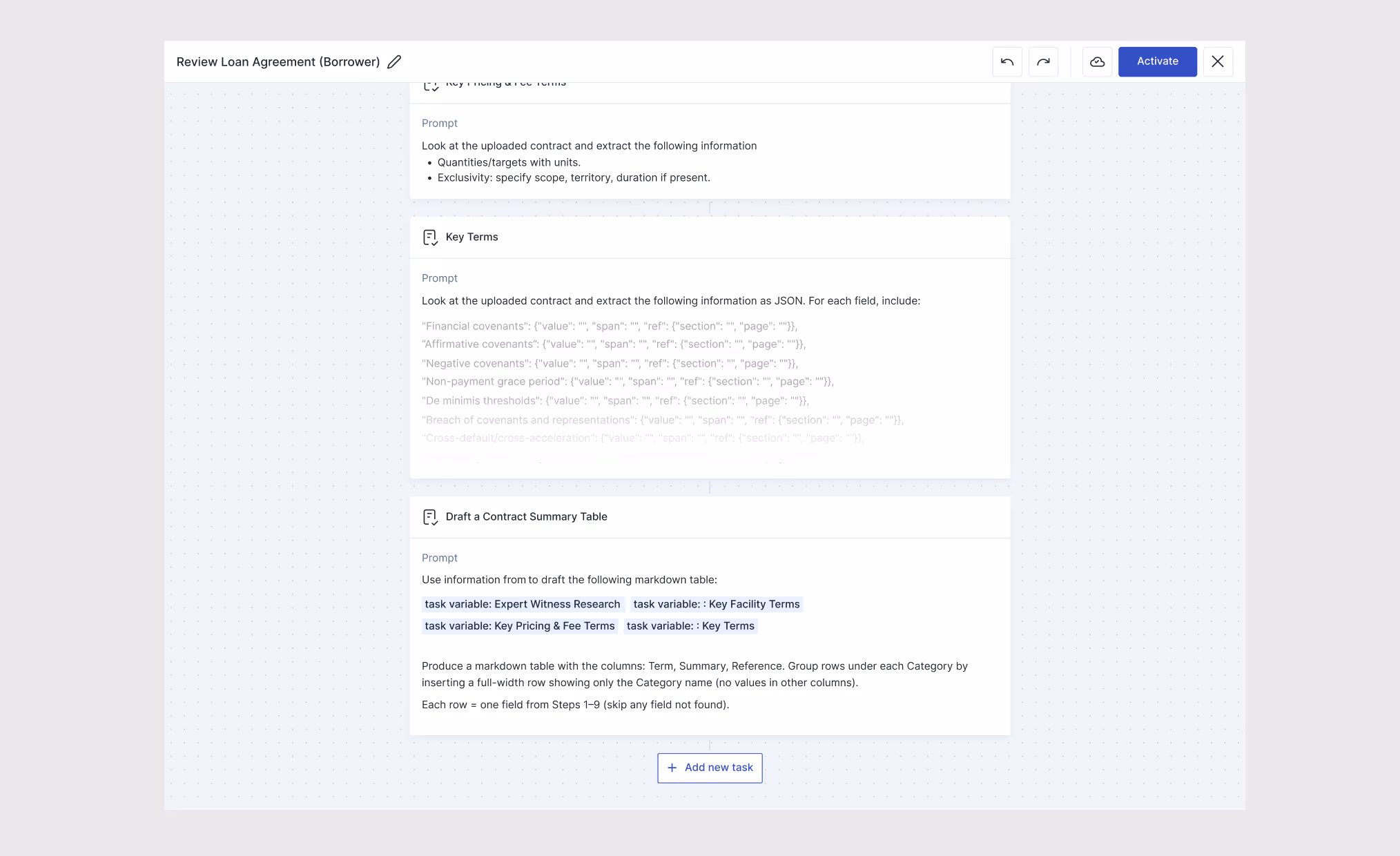User interface for reviewing a loan agreement with sections to extract contract information, key terms in JSON format, and draft a markdown contract summary table.