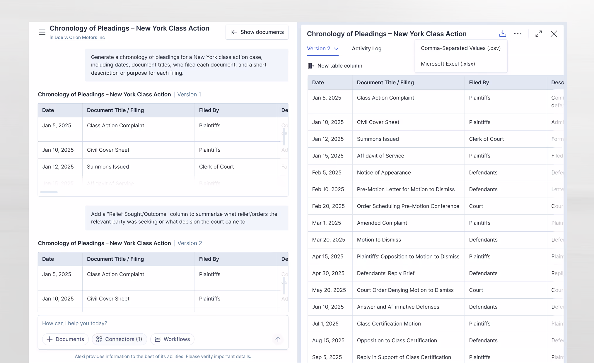 Two side-by-side tables titled 'Chronology of Pleadings – New York Class Action' showing dates, document titles, and filing parties for legal case events from January to September 2025.