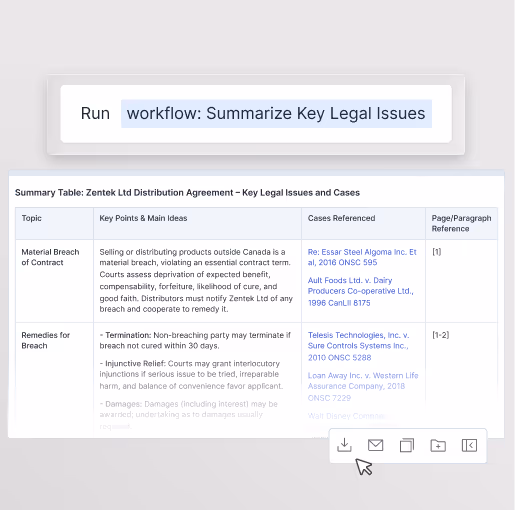 Screenshot of a legal workflow interface with a button labeled 'Run workflow: Summarize Key Legal Issues' above a summary table detailing key points, cases, and references related to Zentek Ltd Distribution Agreement's key legal issues and cases.