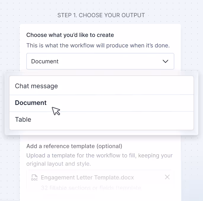 Workflow interface showing step 1 to choose output type with a dropdown menu listing Chat message, Document, and Table options, and Document highlighted.