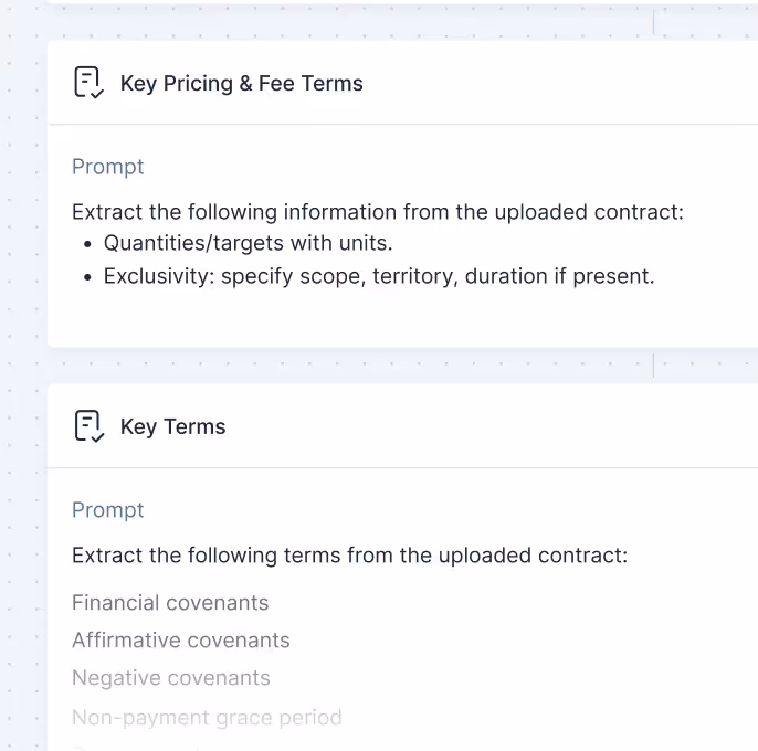 Screenshot showing two sections titled 'Key Pricing & Fee Terms' and 'Key Terms' with prompts for extracting contract information, including quantities, exclusivity details, and various covenants.