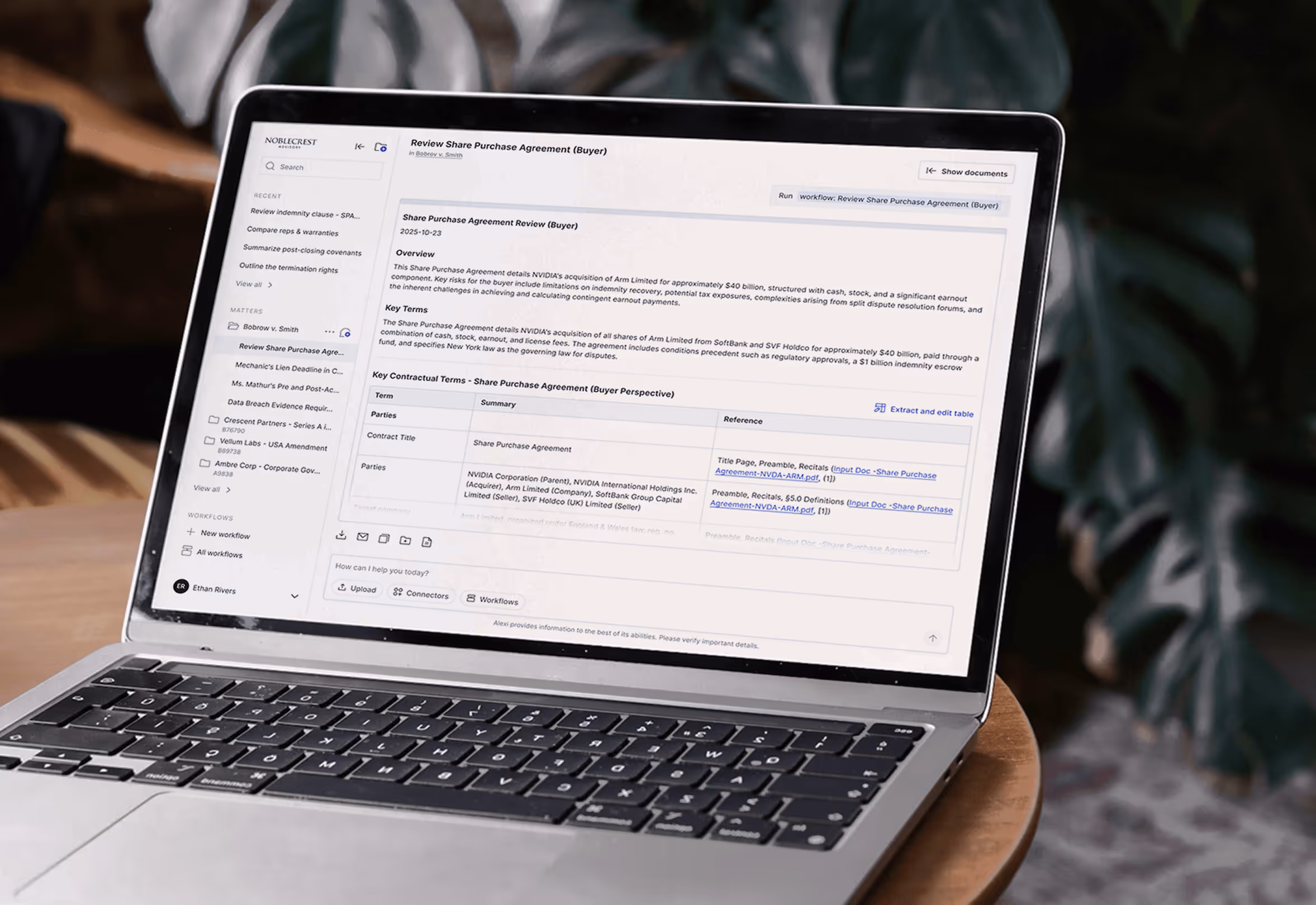 Laptop screen displaying a detailed Share Purchase Agreement Review document with key terms and contractual details.