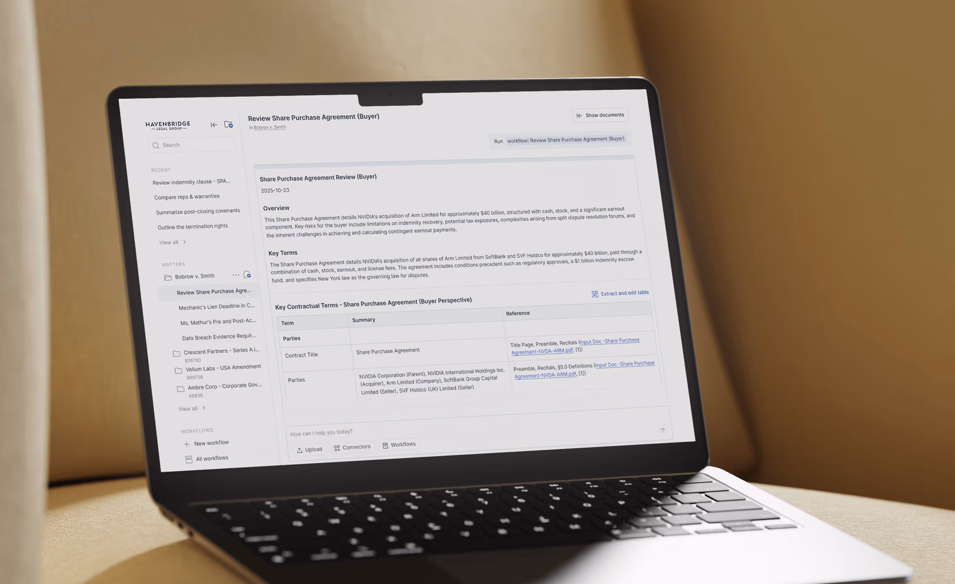 Laptop displaying a legal document review interface for a Share Purchase Agreement involving NVIDIA and Arm Limited, showing overview, key terms, and contract details.