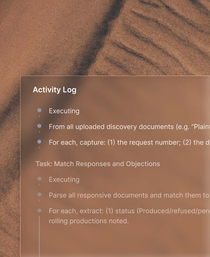 Screen showing an activity log with tasks labeled 'Executing' including discovery document processing and matching responses and objections.