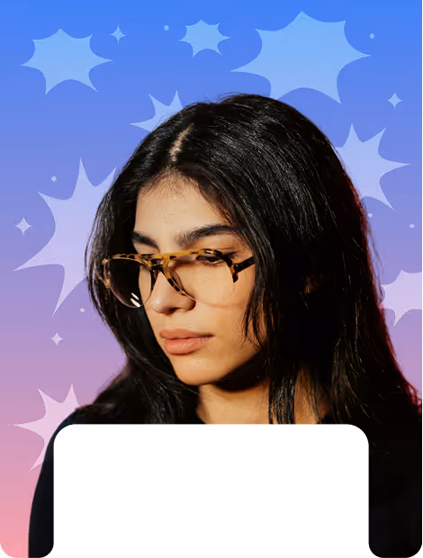 Woman with long black hair wearing tortoiseshell glasses against a gradient blue and pink background with light burst shapes.